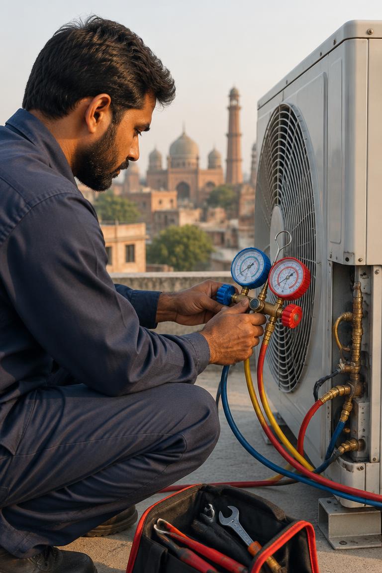 Technician checking an AC condenser with gauges